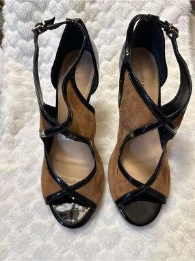 ANTONIO MELANI Brown Suede and Black Patent Crisscross Heels